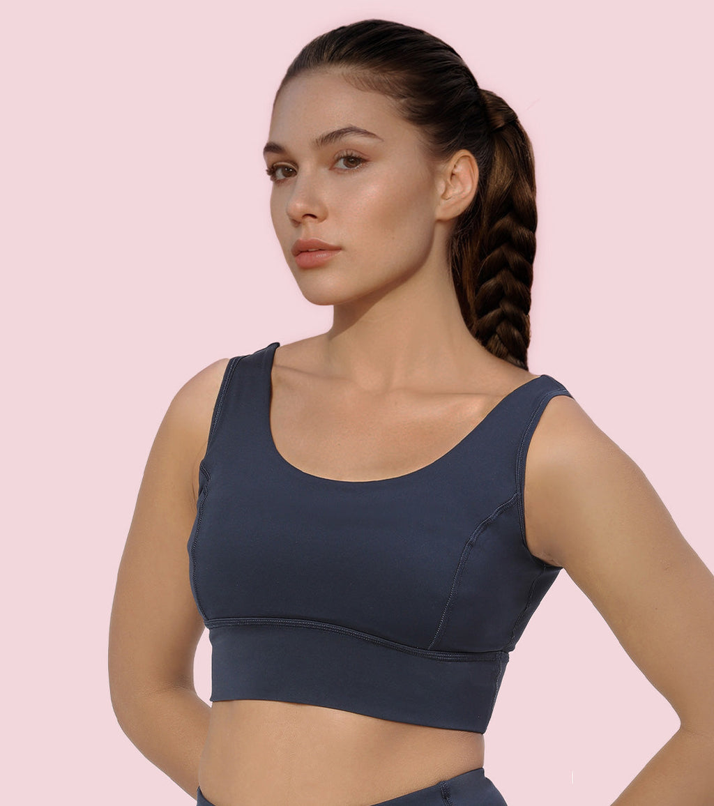 Enamor Sleeveless Crew Neck Crop length Pull On Sports Bra For Women - Hugged Fit, Cut Away Back Detail - A206 (Navy)