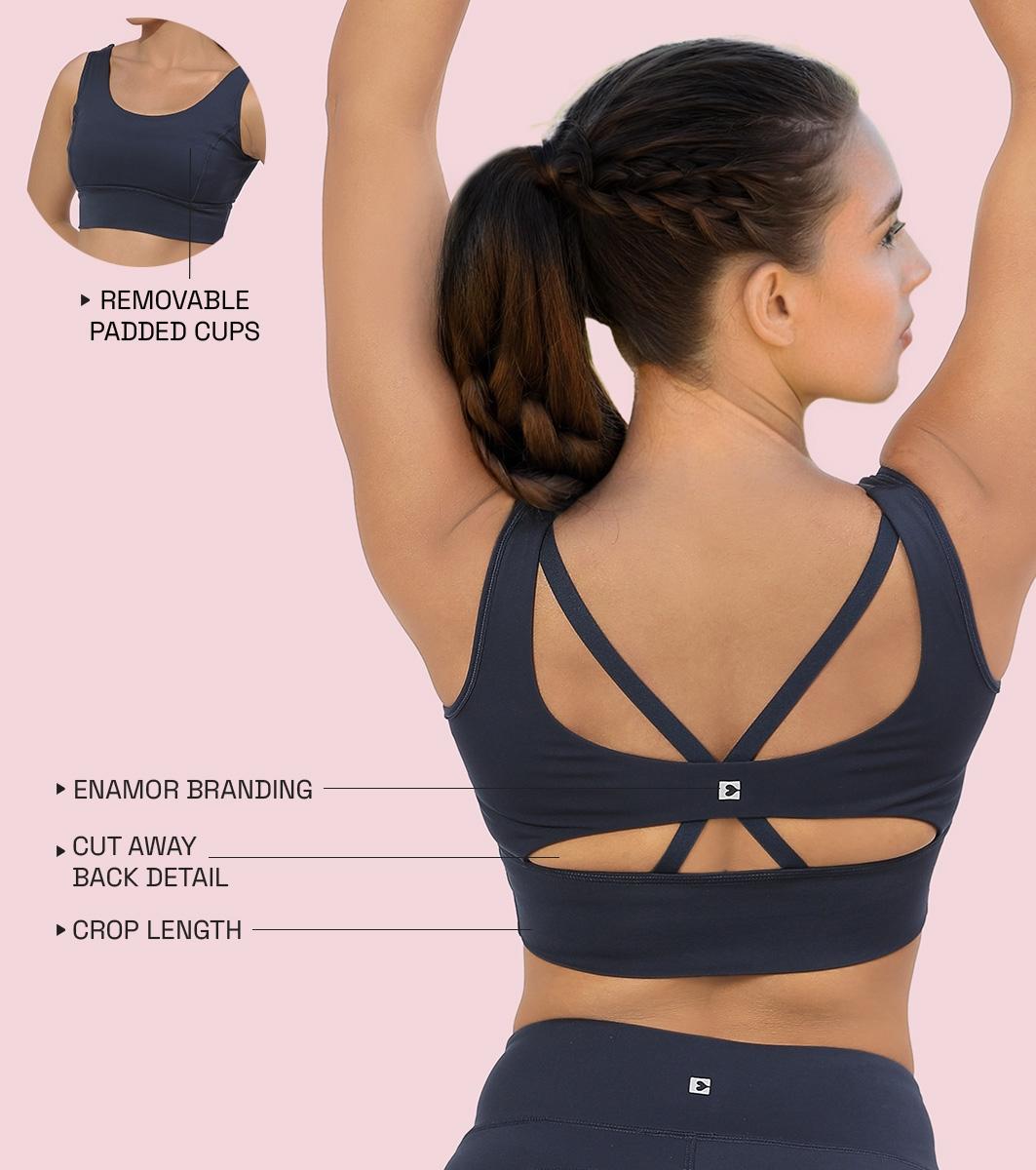Enamor Sleeveless Crew Neck Crop length Pull On Sports Bra For Women - Hugged Fit, Cut Away Back Detail - A206 (Navy)