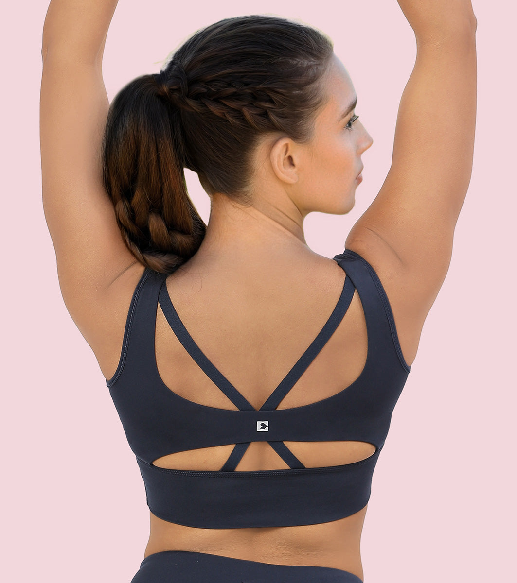 Enamor Sleeveless Crew Neck Crop length Pull On Sports Bra For Women - Hugged Fit, Cut Away Back Detail - A206 (Navy)