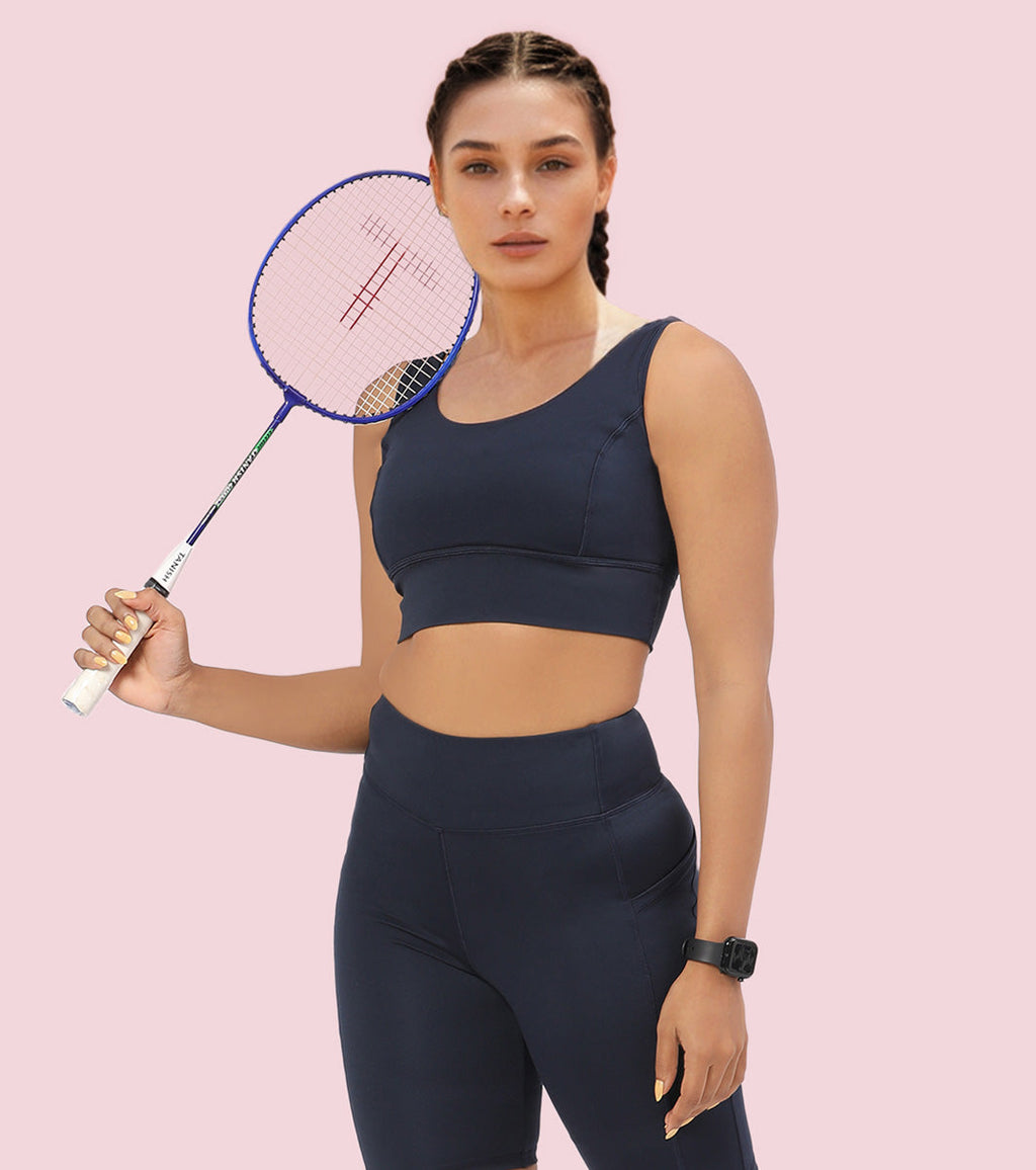 Enamor Sleeveless Crew Neck Crop length Pull On Sports Bra For Women - Hugged Fit, Cut Away Back Detail - A206 (Navy)