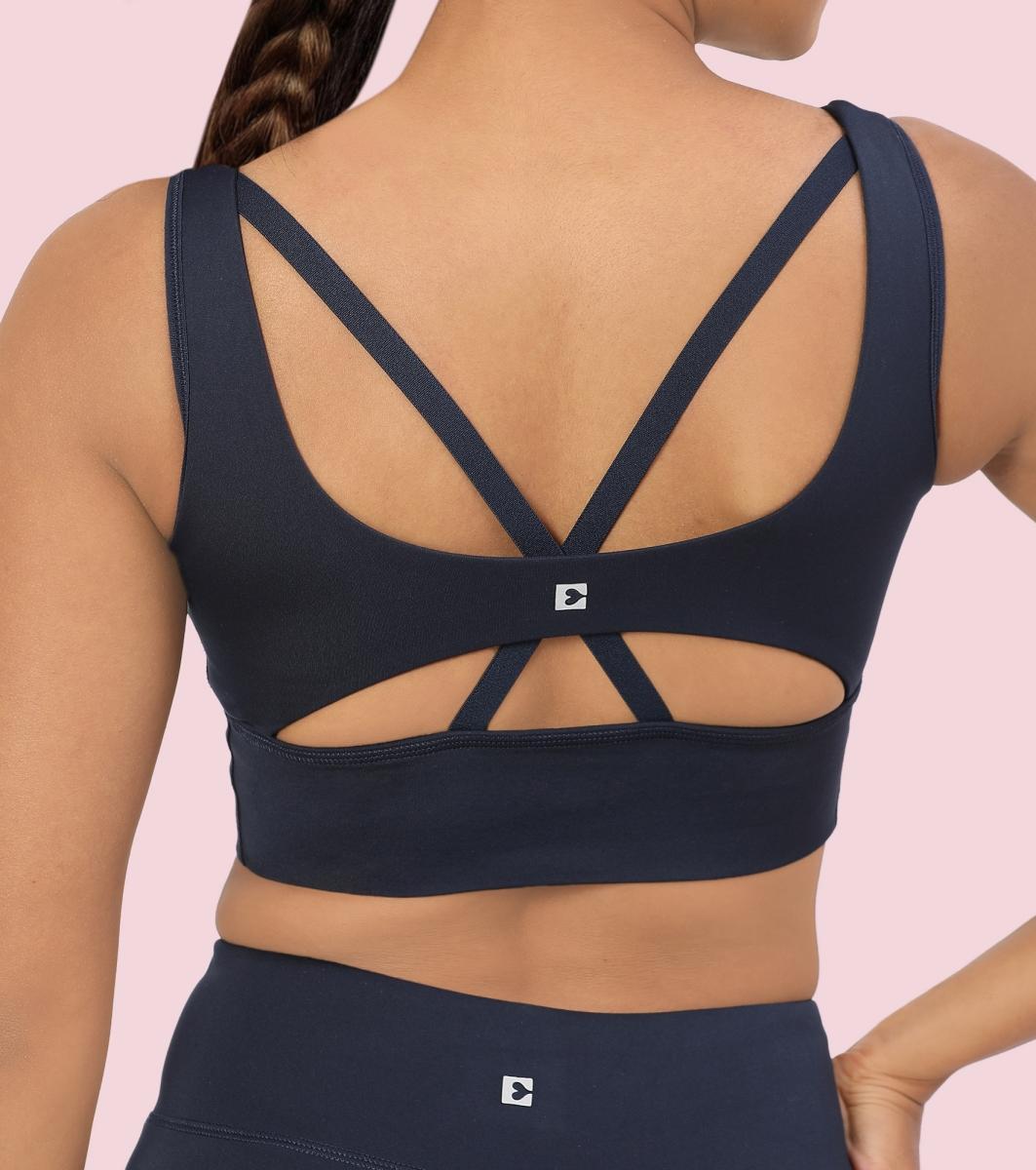 Enamor Sleeveless Crew Neck Crop length Pull On Sports Bra For Women - Hugged Fit, Cut Away Back Detail - A206 (Navy)