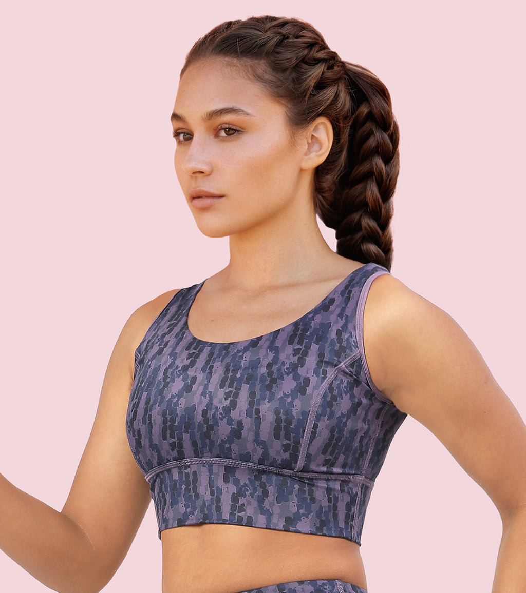 Enamor Cutaway Back Detail Quick Dry Printed Sports Bra - Removable Padding, Non-Wired, Medium Coverage - A204 (Step Brush Print)