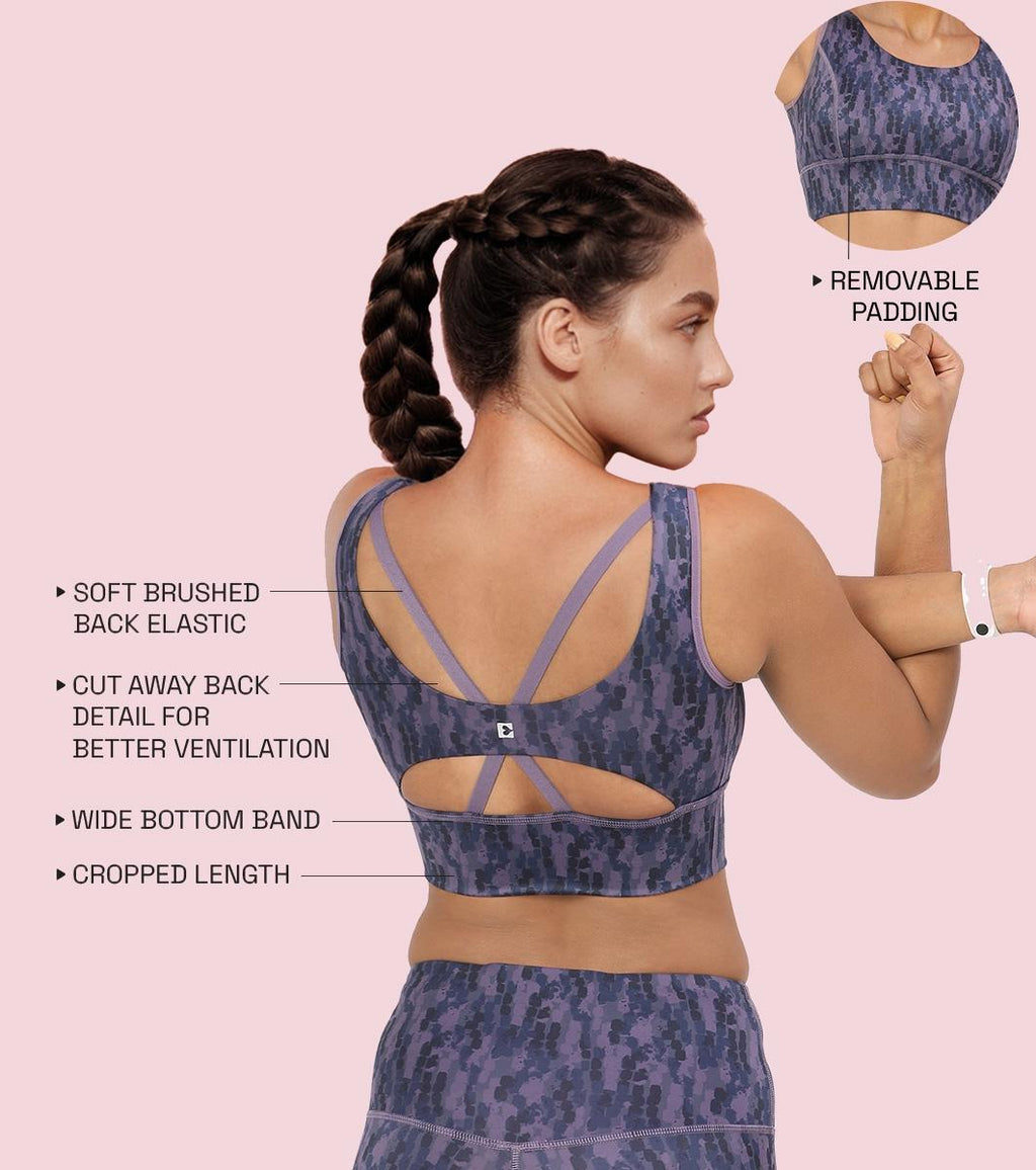 Enamor Cutaway Back Detail Quick Dry Printed Sports Bra - Removable Padding, Non-Wired, Medium Coverage - A204 (Step Brush Print)