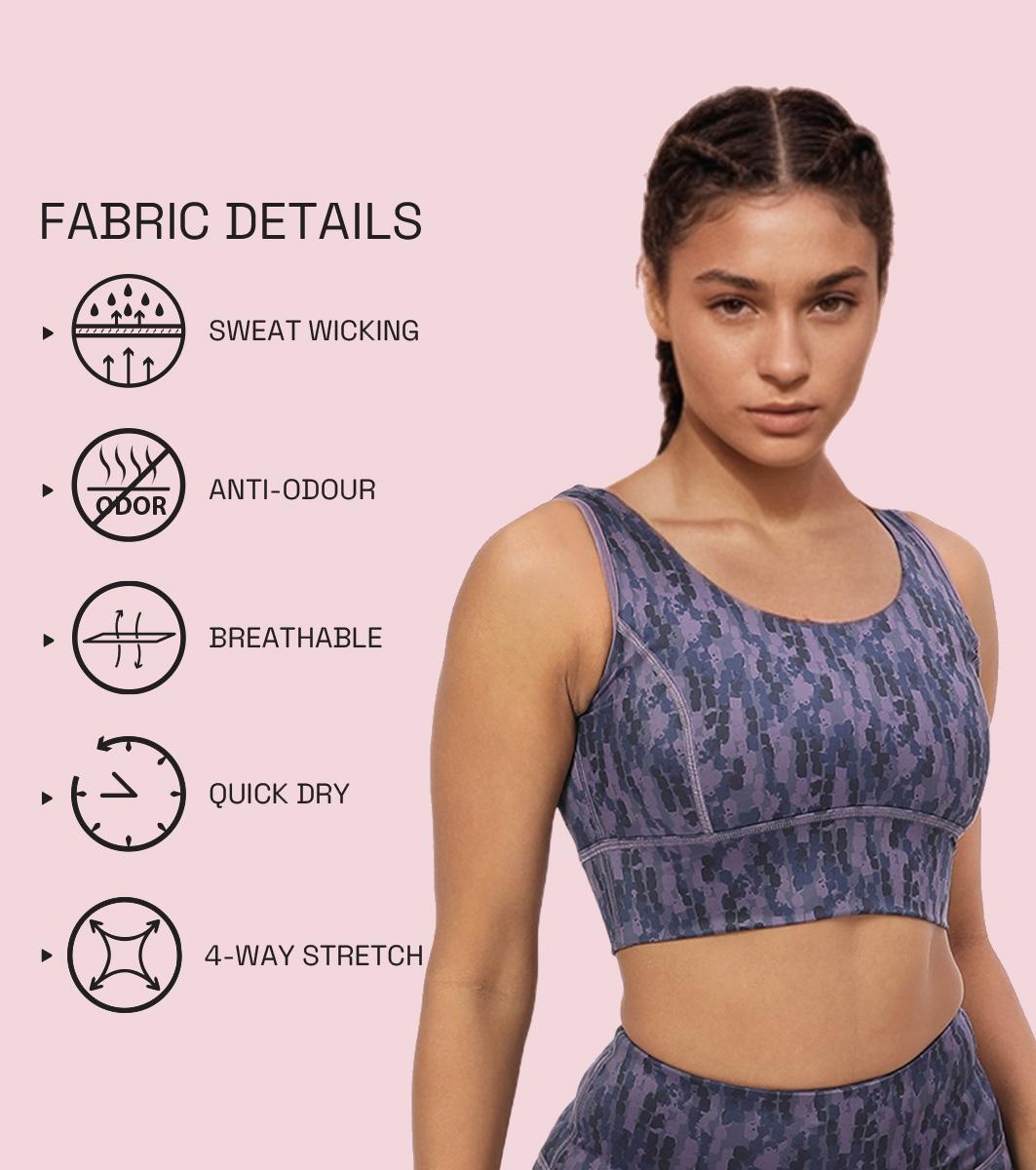 Enamor Cutaway Back Detail Quick Dry Printed Sports Bra - Removable Padding, Non-Wired, Medium Coverage - A204 (Step Brush Print)