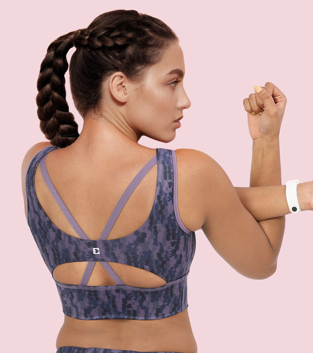 Enamor Cutaway Back Detail Quick Dry Printed Sports Bra - Removable Padding, Non-Wired, Medium Coverage - A204 (Step Brush Print)