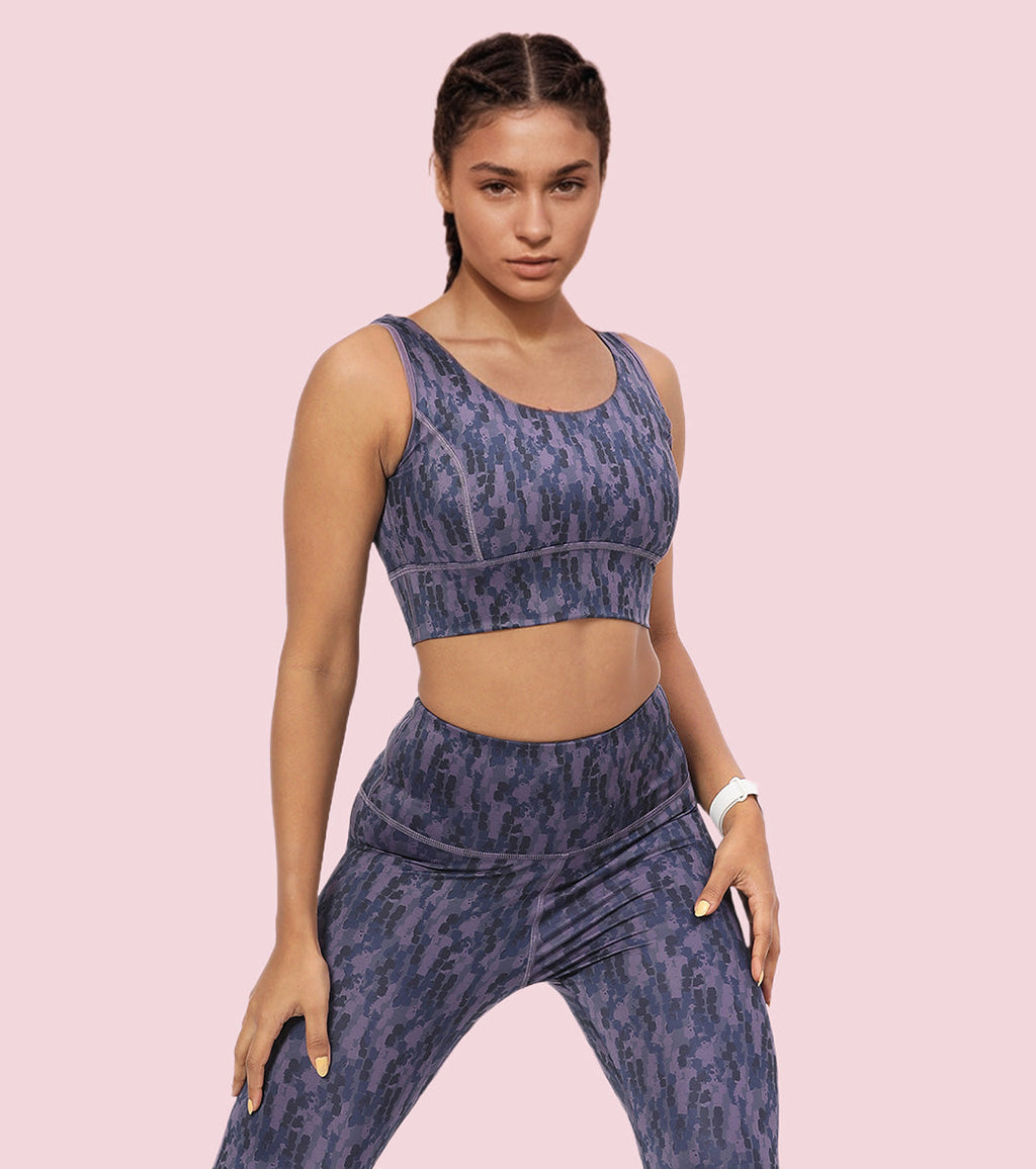 Enamor Cutaway Back Detail Quick Dry Printed Sports Bra - Removable Padding, Non-Wired, Medium Coverage - A204 (Step Brush Print)