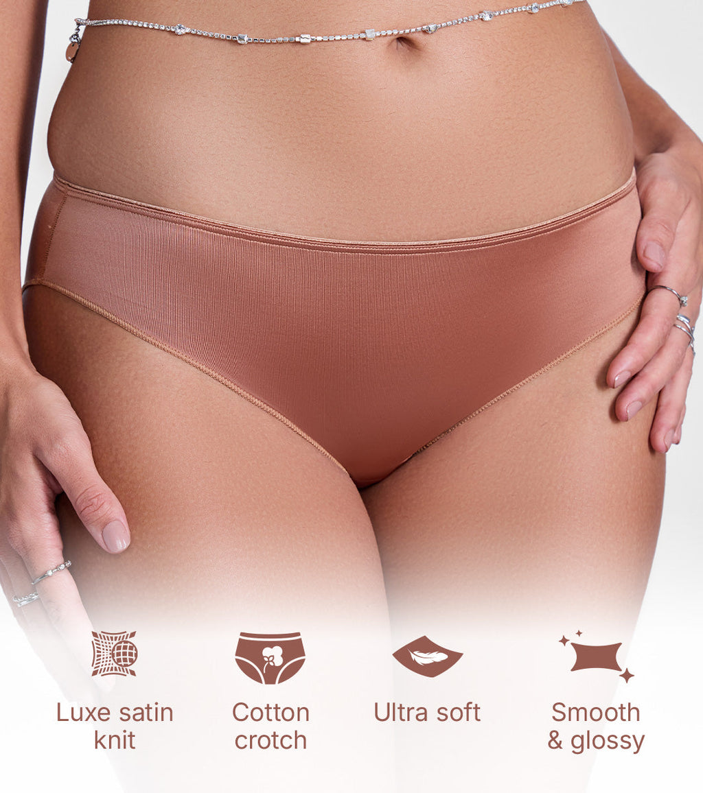 Enamor P184 Smooth Stretch Satin Bikini Panty for Women - Low Waist, Outer Elastic, Medium Coverage (Mocha Brown)