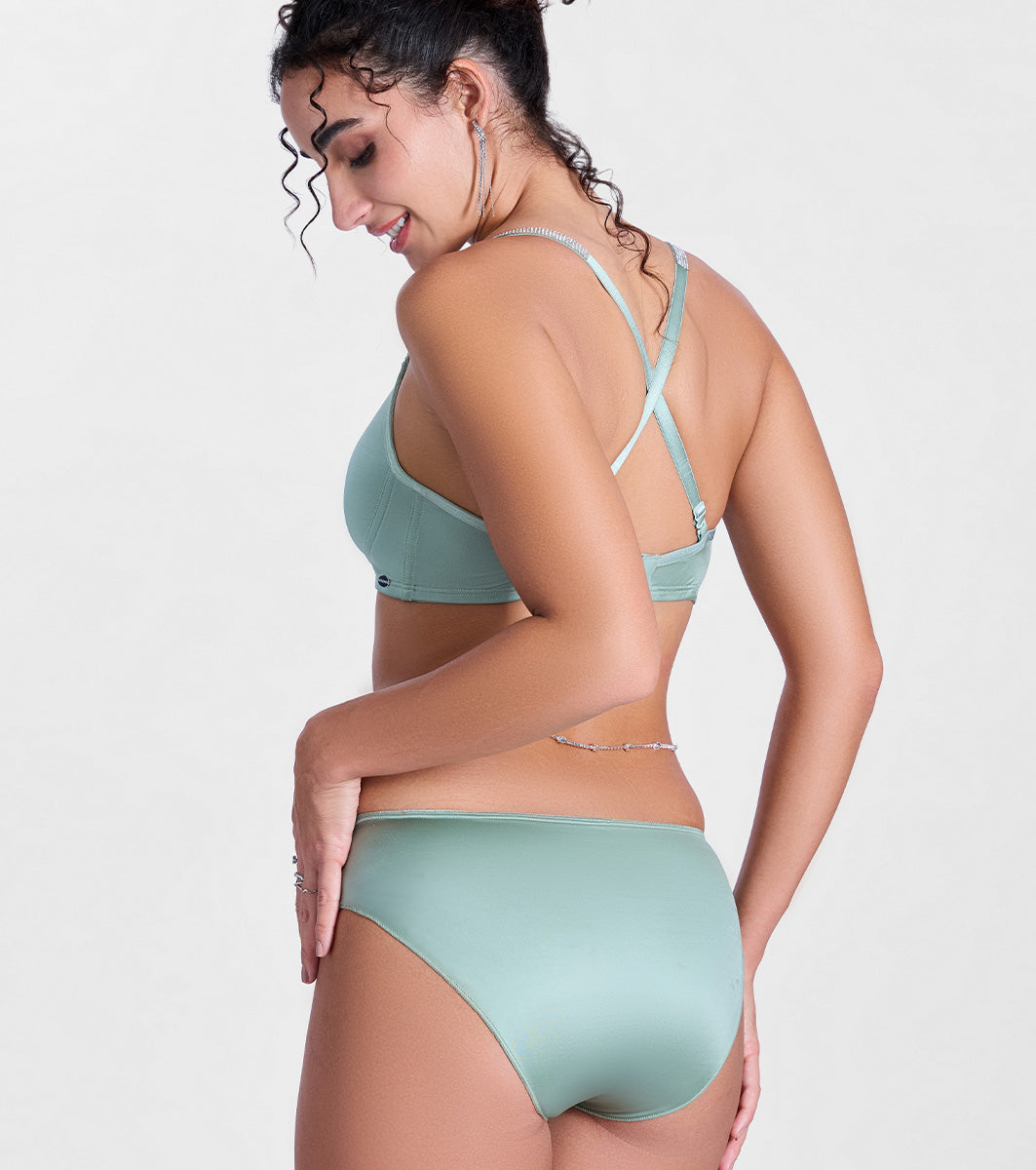 Enamor P184 Smooth Stretch Satin Bikini Panty for Women - Low Waist, Outer Elastic, Medium Coverage (Iceberg Green)