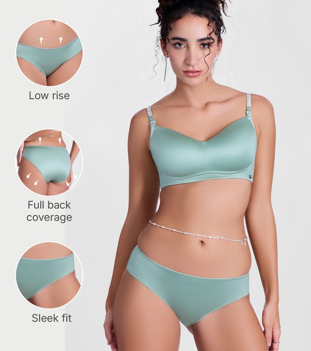 Enamor P184 Smooth Stretch Satin Bikini Panty for Women - Low Waist, Outer Elastic, Medium Coverage (Iceberg Green)