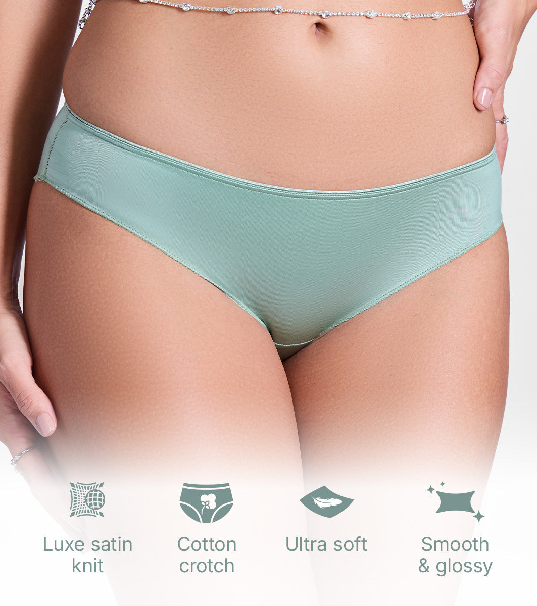 Enamor P184 Smooth Stretch Satin Bikini Panty for Women - Low Waist, Outer Elastic, Medium Coverage (Iceberg Green)