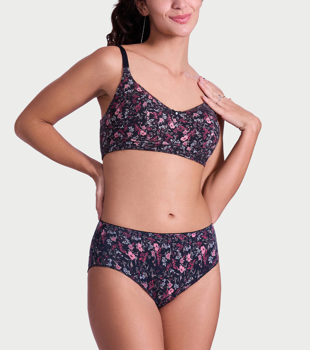 Enamor P177 Ultimate Softness Modal Hipster Panty for Women - Mid Waist, Outer Elastic, Medium Coverage (Black Bouquet Print)