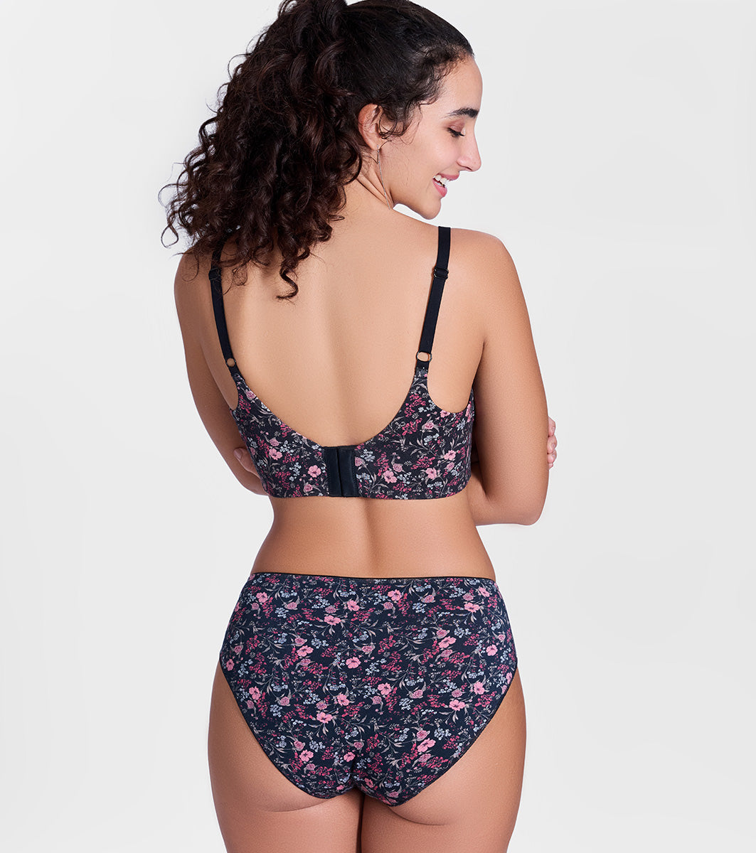 Enamor P177 Ultimate Softness Modal Hipster Panty for Women - Mid Waist, Outer Elastic, Medium Coverage (Black Bouquet Print)