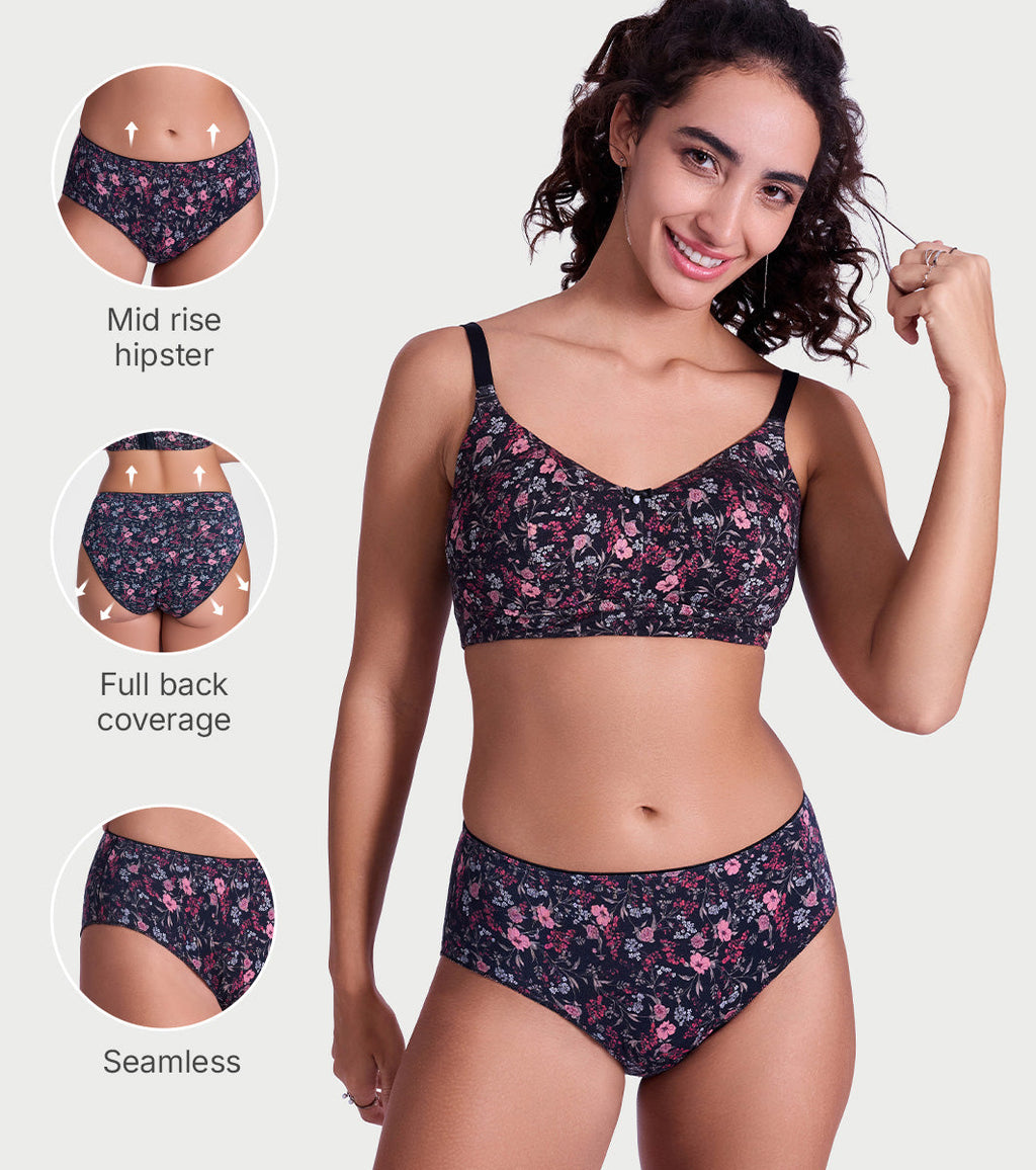 Enamor P177 Ultimate Softness Modal Hipster Panty for Women - Mid Waist, Outer Elastic, Medium Coverage (Black Bouquet Print)