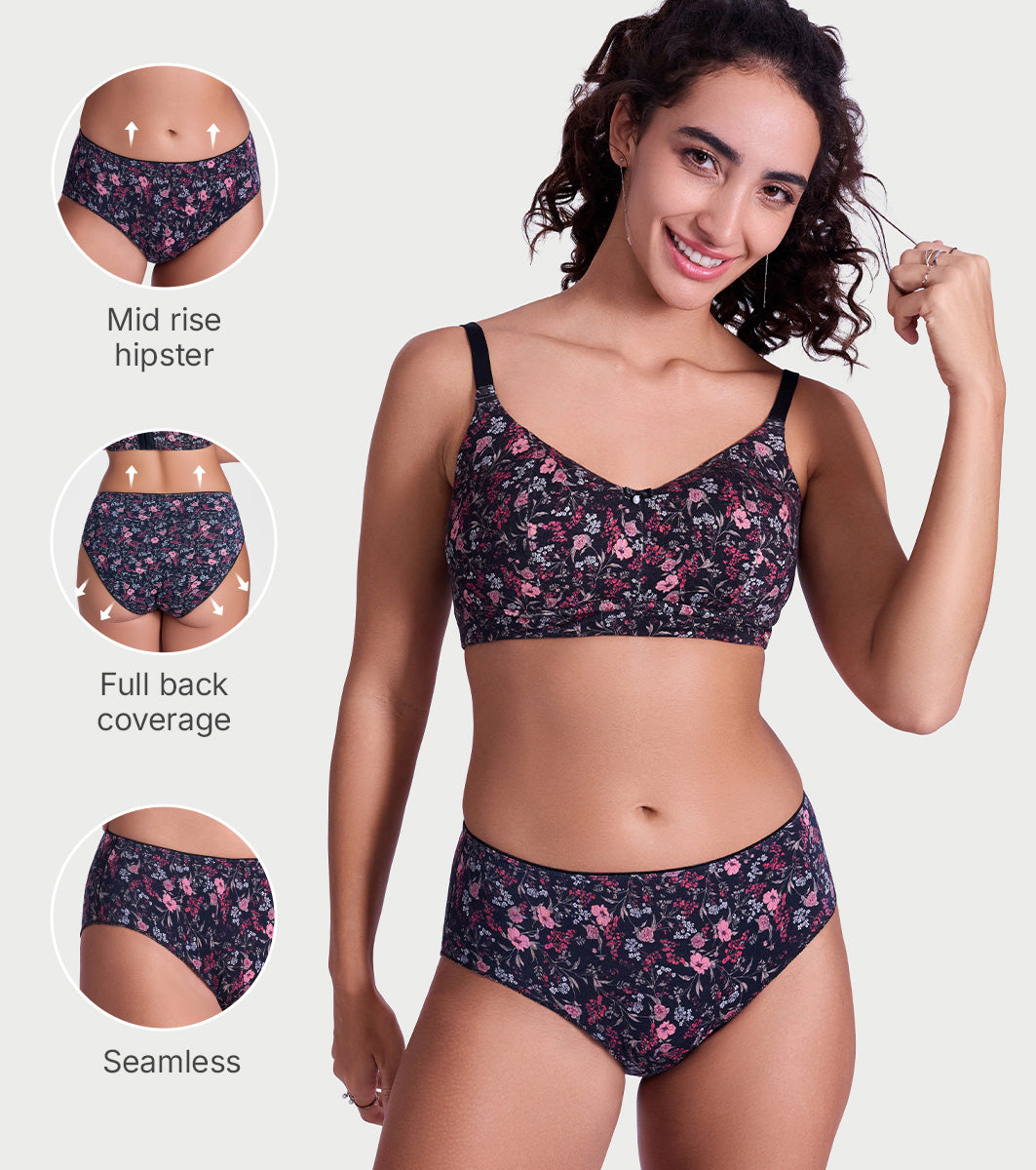 Enamor P177 Ultimate Softness Modal Hipster Panty for Women - Mid Waist, Outer Elastic, Medium Coverage (Black Bouquet Print)