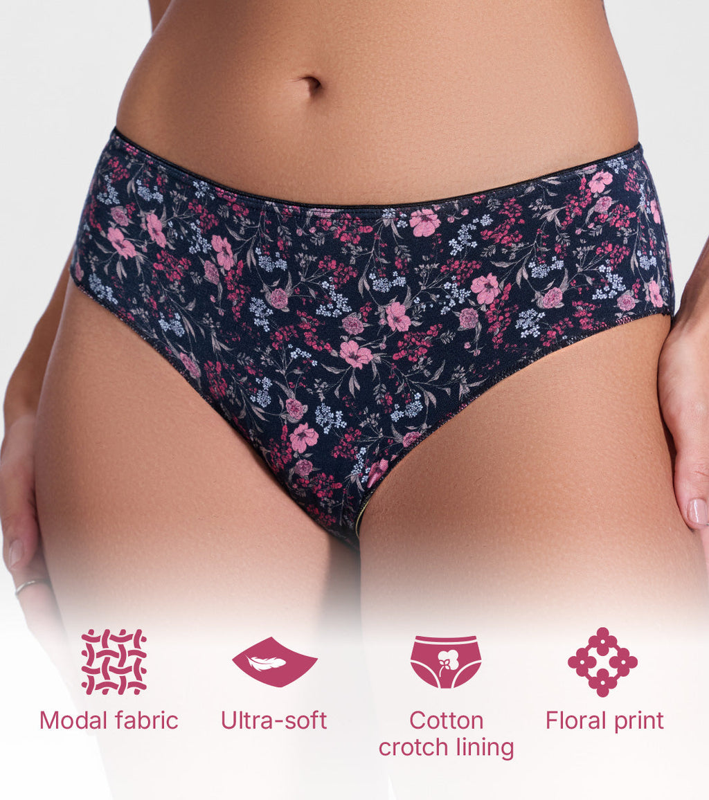 Enamor P177 Ultimate Softness Modal Hipster Panty for Women - Mid Waist, Outer Elastic, Medium Coverage (Black Bouquet Print)