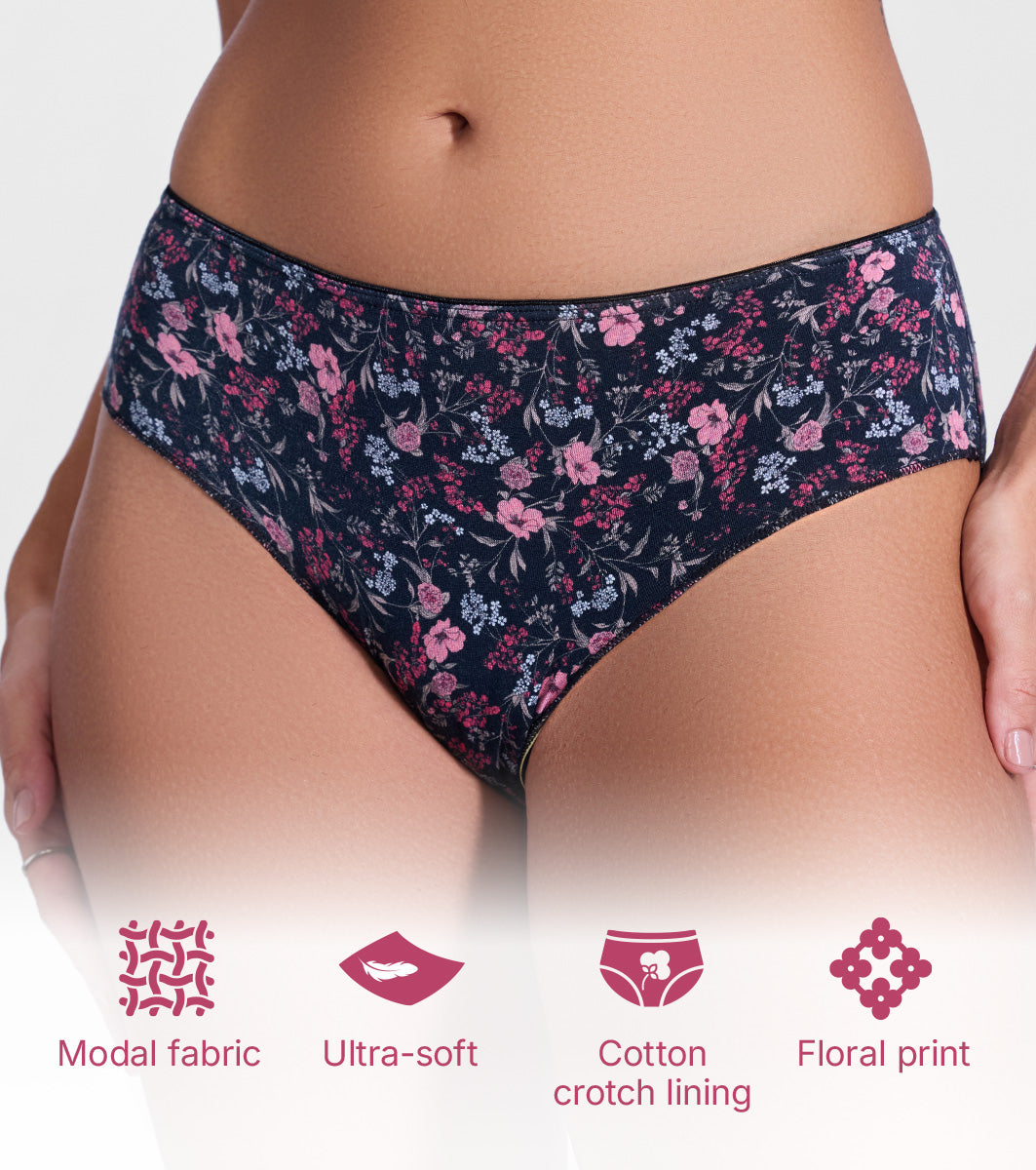 Enamor P177 Ultimate Softness Modal Hipster Panty for Women - Mid Waist, Outer Elastic, Medium Coverage (Black Bouquet Print)