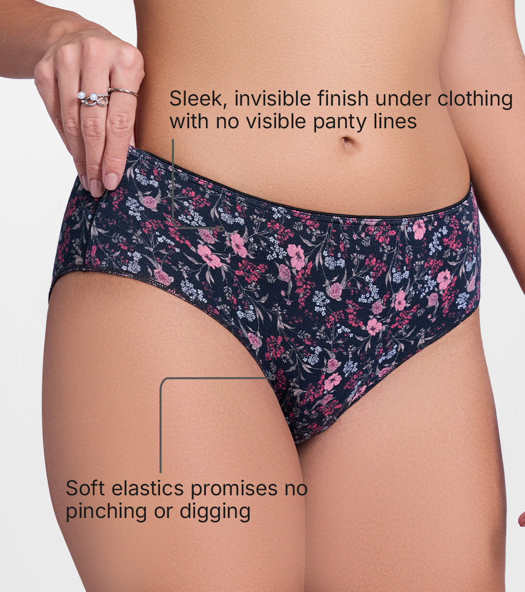 Enamor P177 Ultimate Softness Modal Hipster Panty for Women - Mid Waist, Outer Elastic, Medium Coverage (Black Bouquet Print)