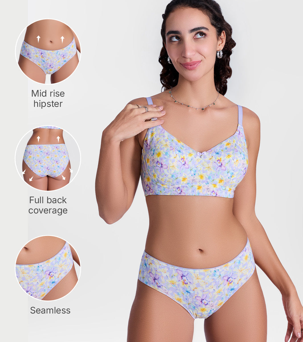 Enamor P177 Ultimate Softness Modal Hipster Panty for Women - Mid Waist, Outer Elastic, Medium Coverage (Lilac Garden Print)