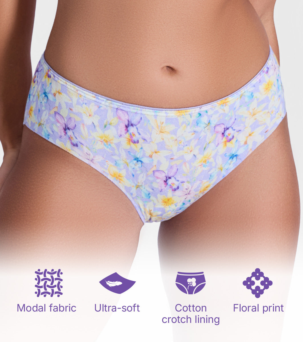 Enamor P177 Ultimate Softness Modal Hipster Panty for Women - Mid Waist, Outer Elastic, Medium Coverage (Lilac Garden Print)