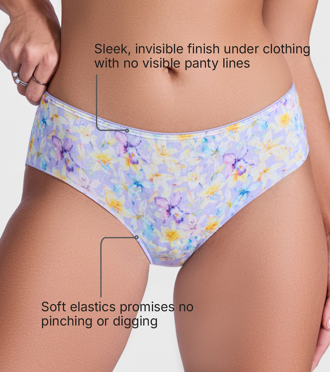 Enamor P177 Ultimate Softness Modal Hipster Panty for Women - Mid Waist, Outer Elastic, Medium Coverage (Lilac Garden Print)