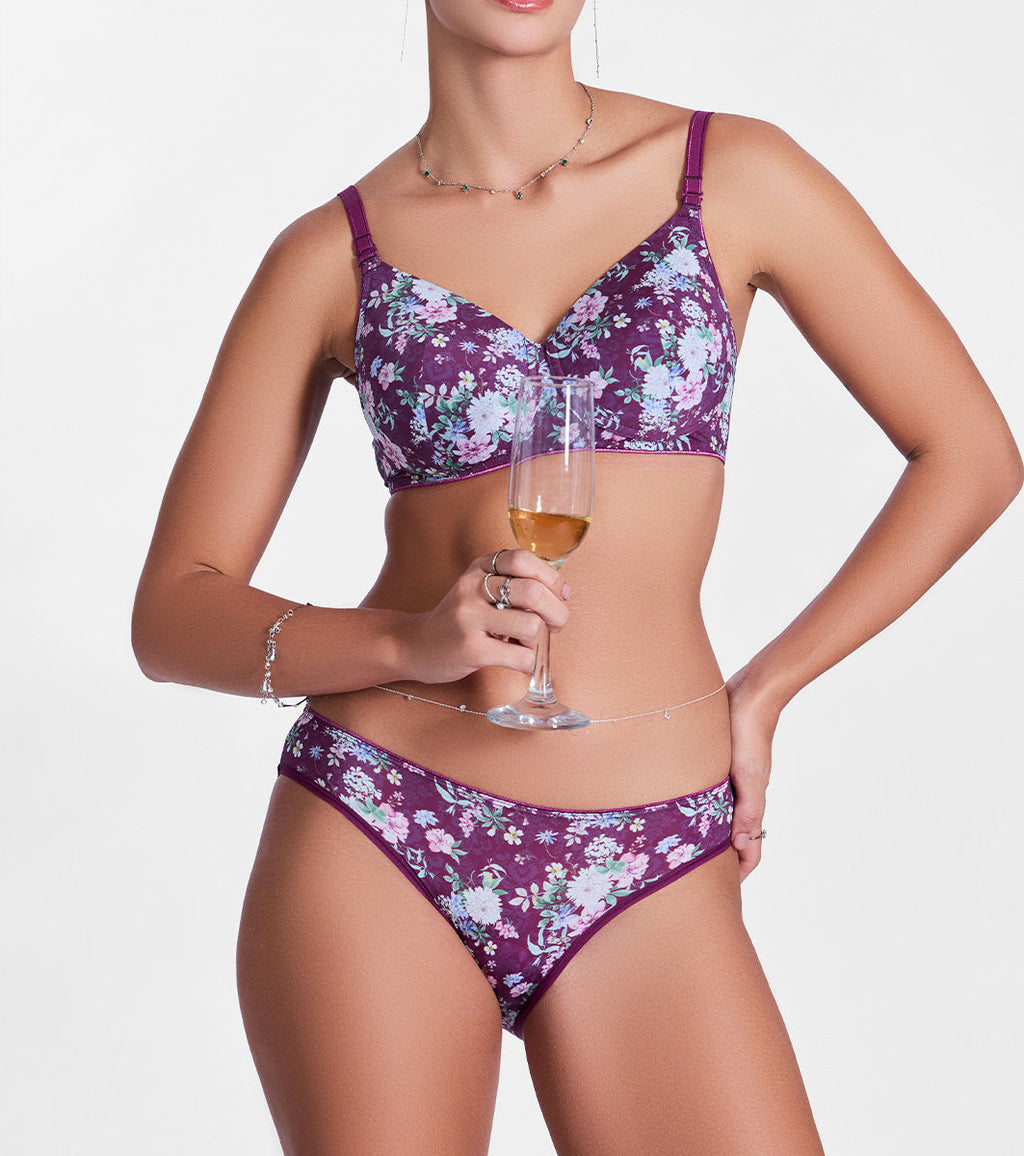 Enamor P165 Womens Low Waist Co-ordinate Bikini Panty (Damask Plum Print)