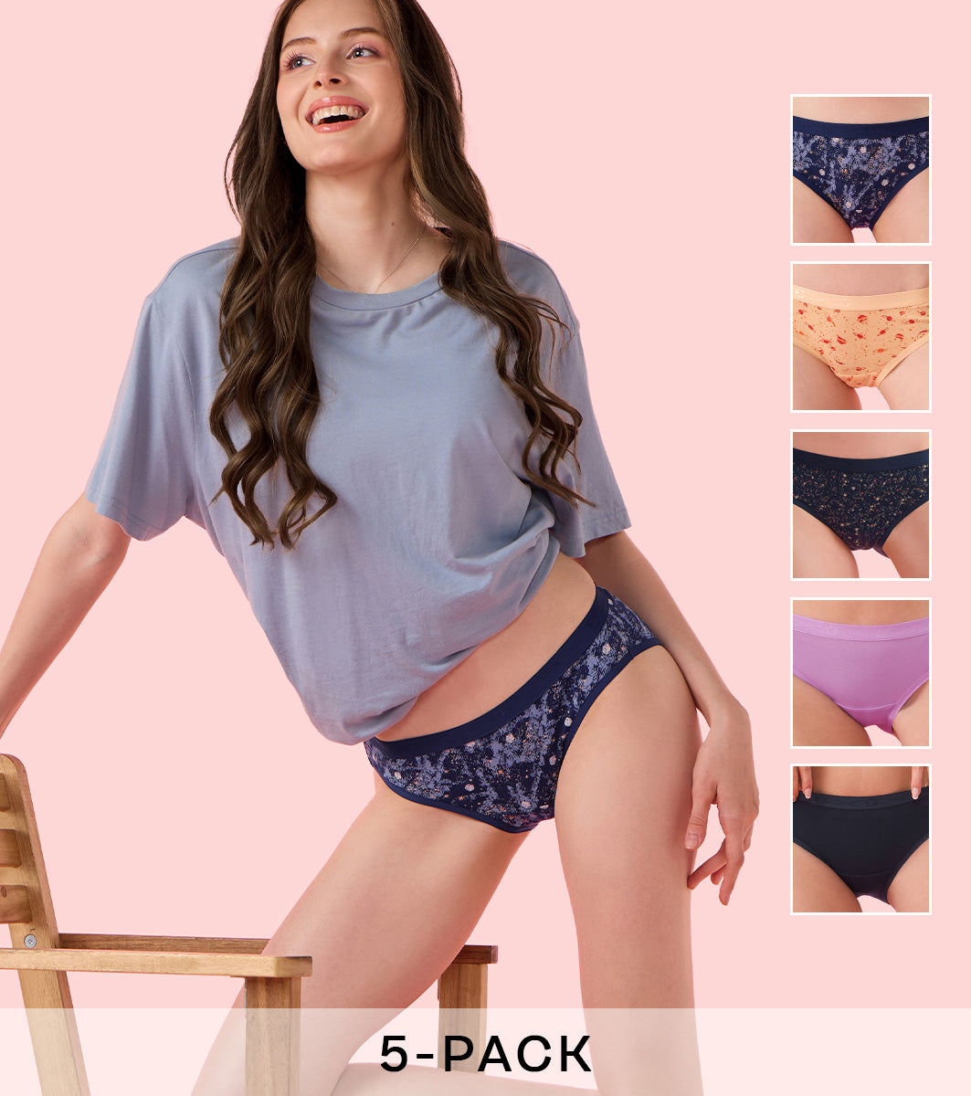 Enamor CB07 Chic Cotton, Naturally Breathable Cotton, All Day Comfort, Low Waist Brief Panty for Women - Antimicrobial with Stain Release, Soft Outer jacquard Elastic, Regular Coverage - Pack of 5 (Multicolors)